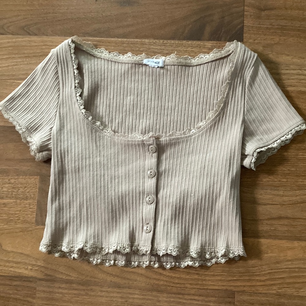 Tan crop top with buttons and lace